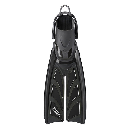 Tusa SF0111 HyFlex Zoom split fins with six-gill design and adjustable bungee strap for low resistance and high performance