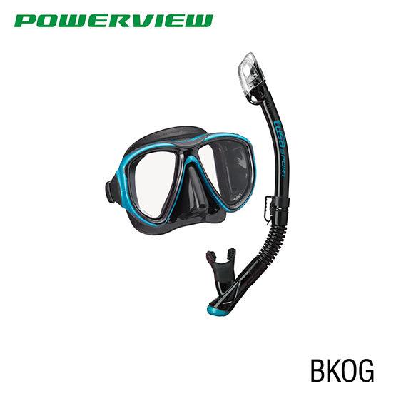Tusa Sport UC-2425P Powerview adult dry snorkel combo with two-window mask and Hyperdry Elite snorkel in black and ocean green