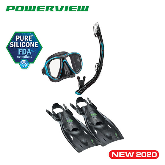 Tusa Sport UP-2521B Powerview adult dry travel snorkeling set with silicone mask, dry snorkel, and adjustable fins