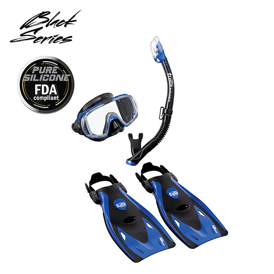 Tusa Sport UP-3521QB adult travel set with visor mask, snorkel, and fins in black and metallic blue