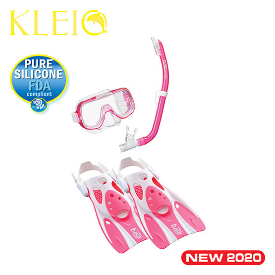 Mini-Kleio Hyperdry Youth Travel Set with UM-2000 mask, USP-140 snorkel, and UF0103 fins for ages 6-12