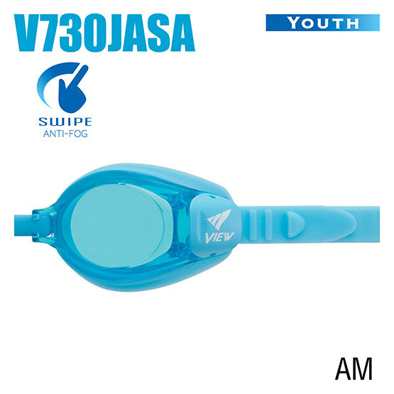 Tusa View V730JASA SWIPE Youth swimming goggles with anti-fog, UV protection, silicone seal, and adjustable ratchet buckle strap.