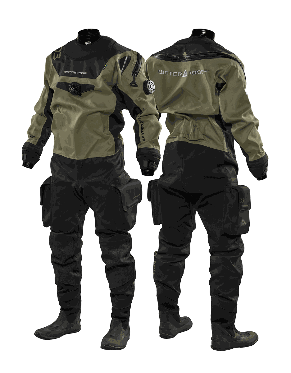 Waterproof D3 Ergo lightweight men's drysuit with flexible Tri-Lam fabric and anatomical fit