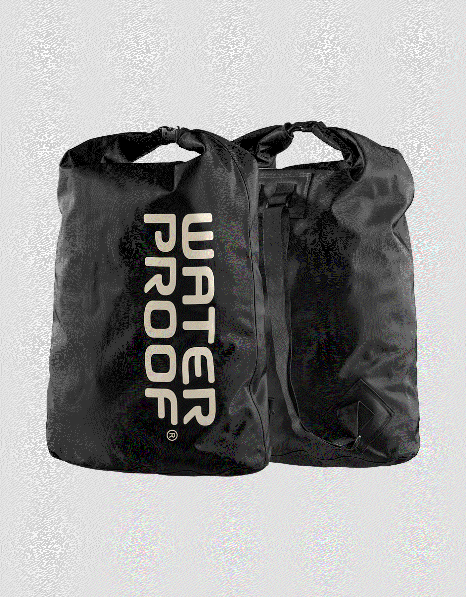 Waterproof Drysuit Bag in black Cordura with taped seams and roll-top seal shown front and back