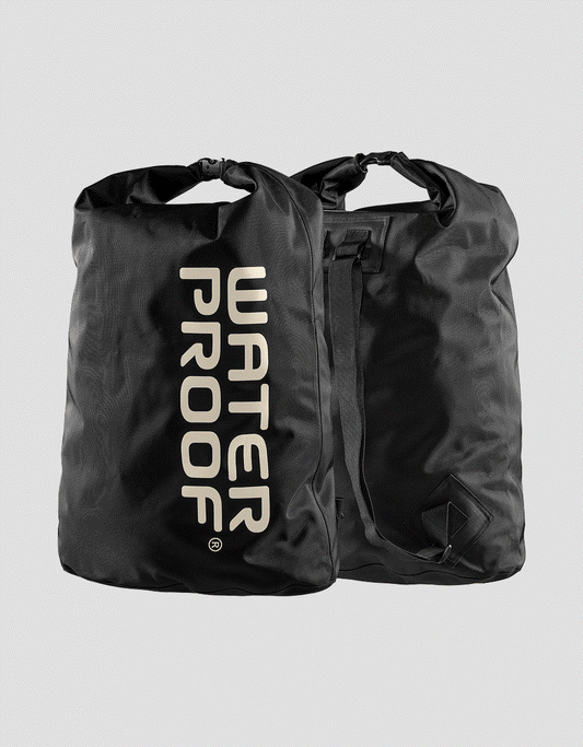 Waterproof Drysuit Bag in black Cordura with taped seams and roll-top seal shown front and back