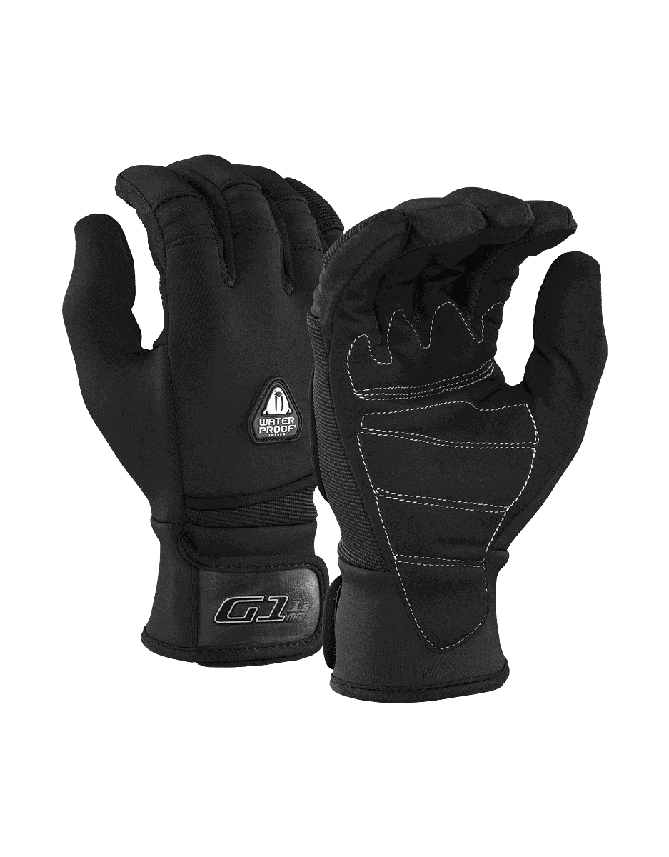 Waterproof G2 1.5mm black neoprene 5 finger diving gloves with Amara leather palm and Velcro closure