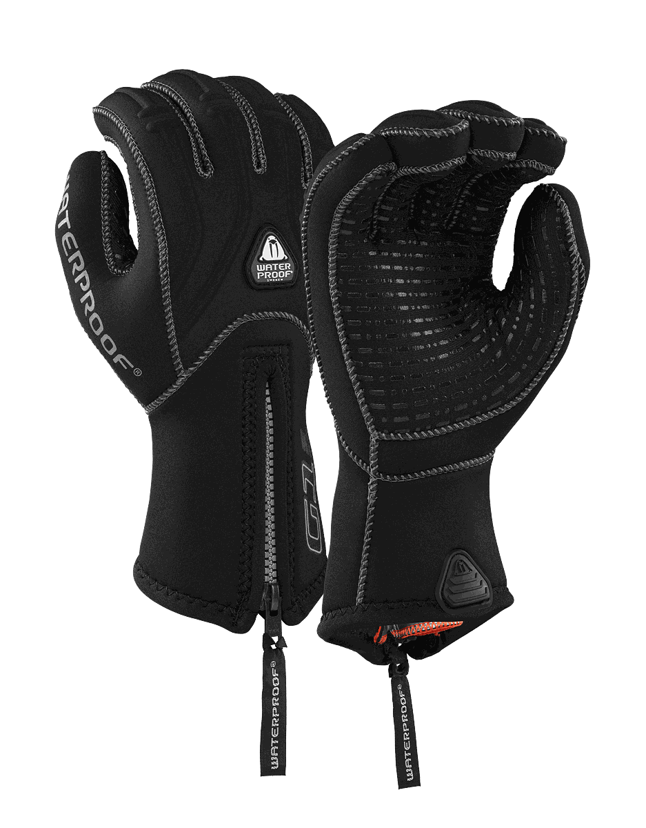 Waterproof G2 3mm 5 finger diving gloves with glide skin interior, anti-slip palm, and long zipper for easy wear