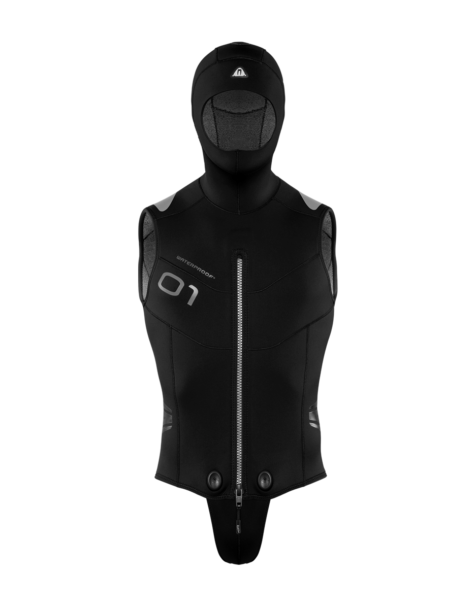 Men's Waterproof O1 Neoflex Overvest 5mm hooded neoprene diving vest with front zipper and detachable beaver tail