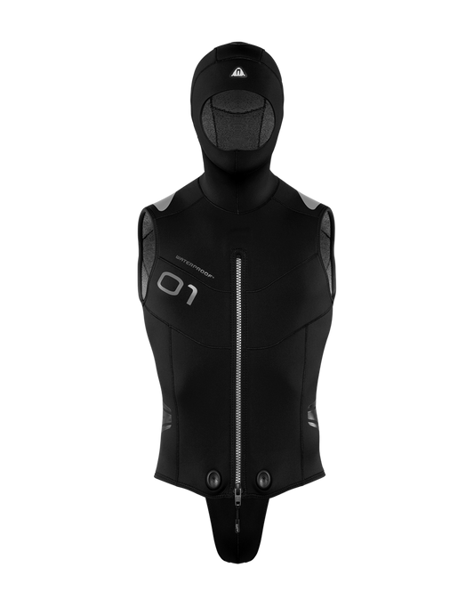 Men's Waterproof O1 Neoflex Overvest 5mm hooded neoprene diving vest with front zipper and detachable beaver tail