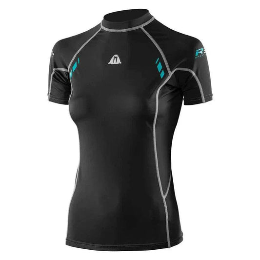Waterproof R30 short sleeved rash guard for ladies with 50+ UPF, quick-dry lycra spandex material and flatlock stitching