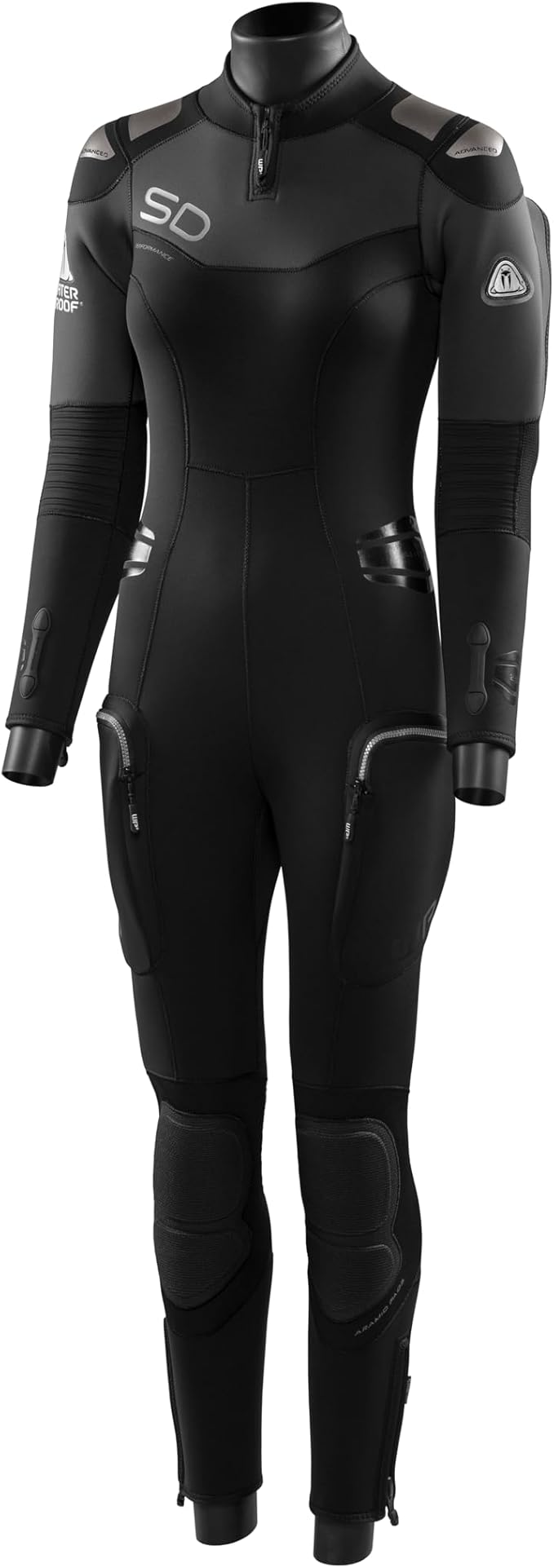 Waterproof SD Neoflex 7mm semi-dry wetsuit for women with black and grey design, flexible neoprene, reinforced knee pads, dry zipper, and thermal lining