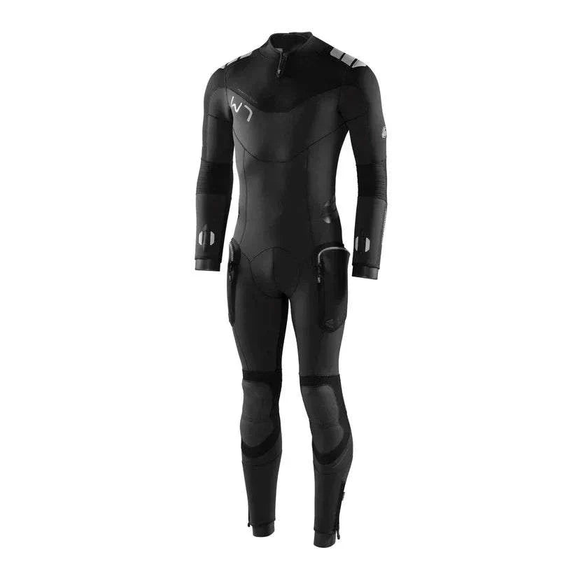 Waterproof W7 7mm wetsuit for men in grey and black with durable neoprene, reinforced kneepads, double zipper seal, and flexible pockets
