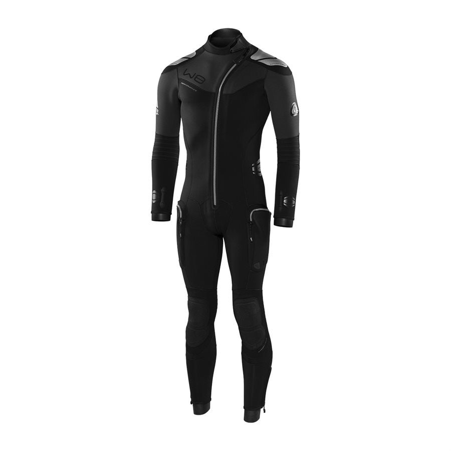Waterproof W8 wetsuit for men with front-zip, super-stretch neoprene, reinforced knee pads, and thermal lining